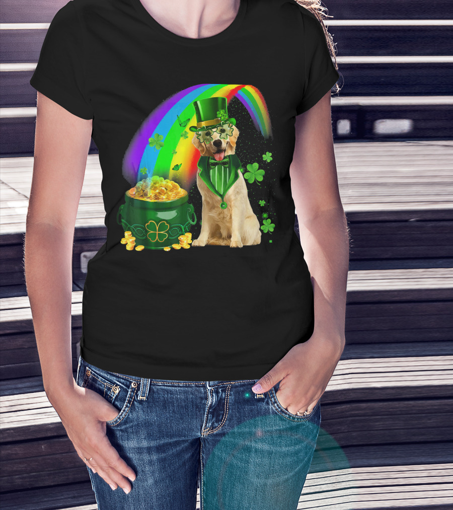 Golden Retrievers Dog Irish Leprechaun Rainbow Gold T-Shirt