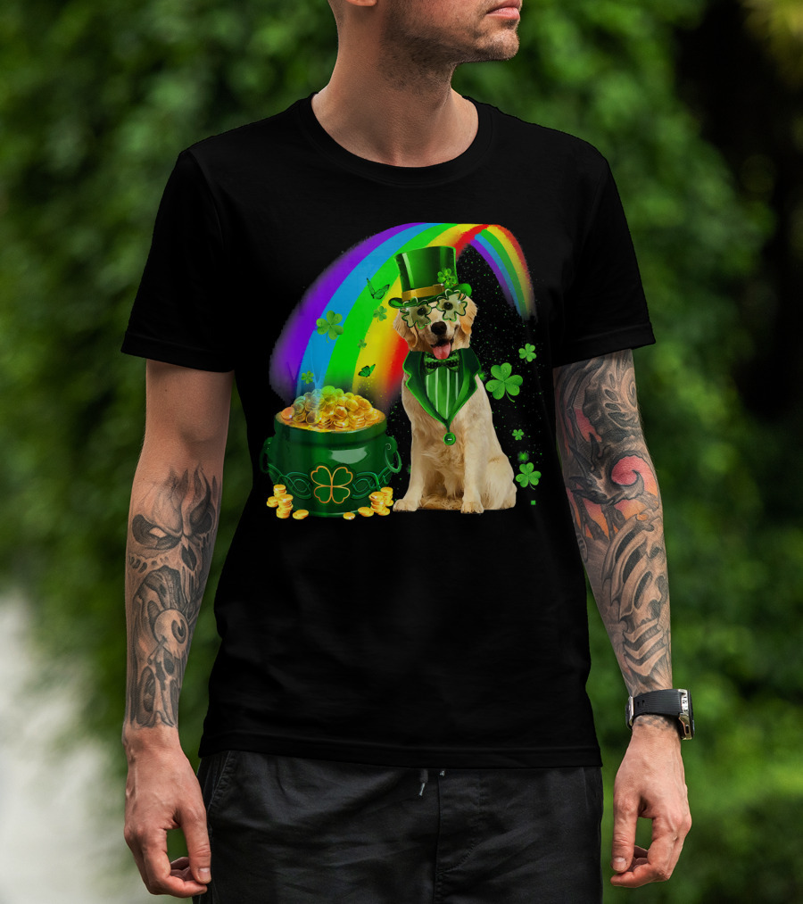 Golden Retrievers Dog Irish Leprechaun Rainbow Gold T-Shirt