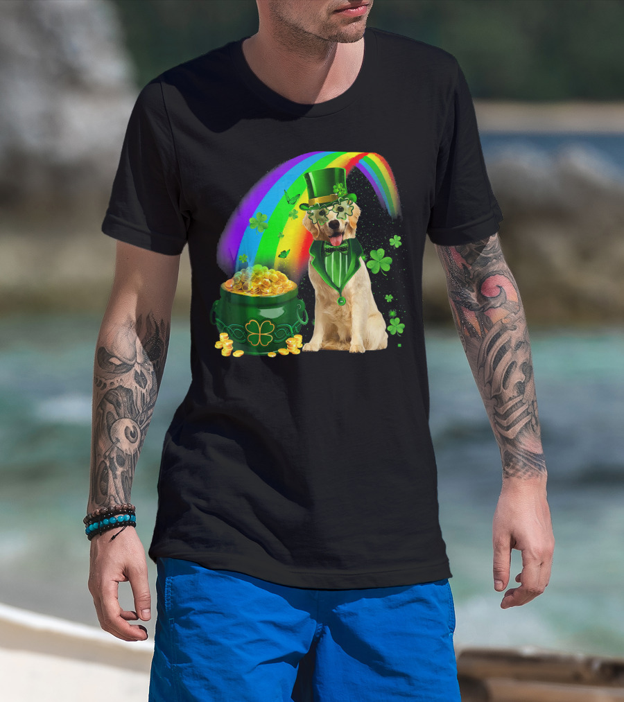 Golden Retrievers Dog Irish Leprechaun Rainbow Gold T-Shirt