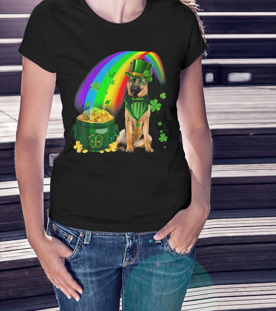 German Shepherd Irish Leprechaun Rainbow Pot Of Gold Shamrock T-Shirt