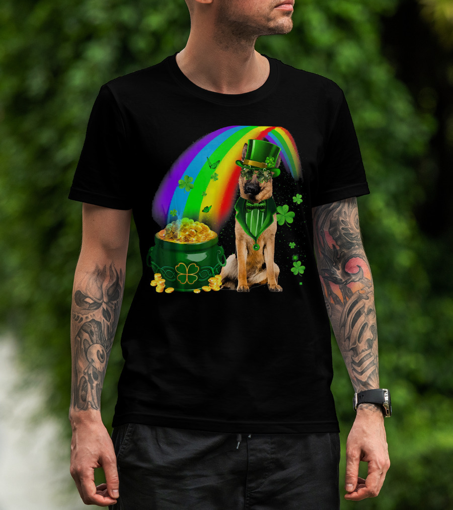 German Shepherd Irish Leprechaun Rainbow Pot Of Gold Shamrock T-Shirt