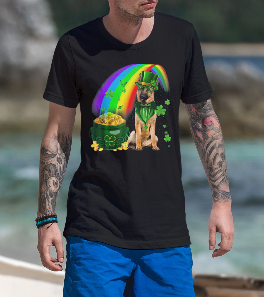 German Shepherd Irish Leprechaun Rainbow Pot Of Gold Shamrock T-Shirt