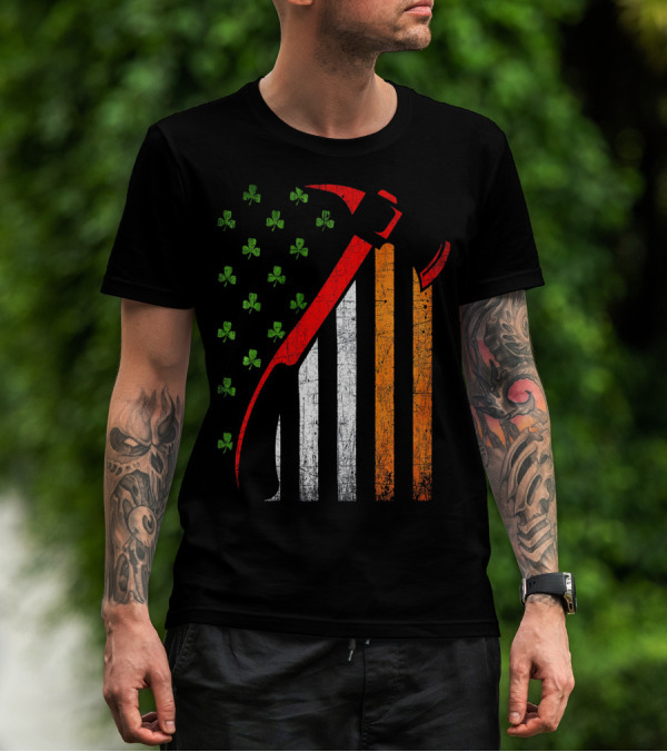 Firefighter Irish American Flag St Patrick's Day Axe Shamrock T-Shirt