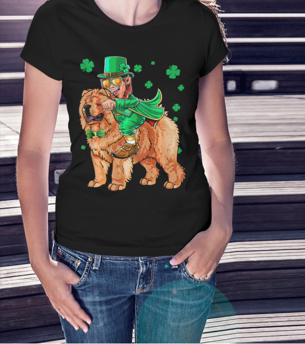 Leprechaun Riding Chow Chow With Shamrocks St. Patrick's Day T-Shirt
