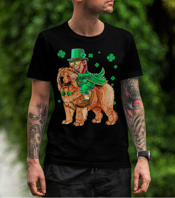 Leprechaun Riding Chow Chow With Shamrocks St. Patrick's Day T-Shirt