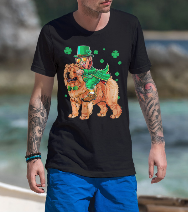 Leprechaun Riding Chow Chow With Shamrocks St. Patrick's Day T-Shirt