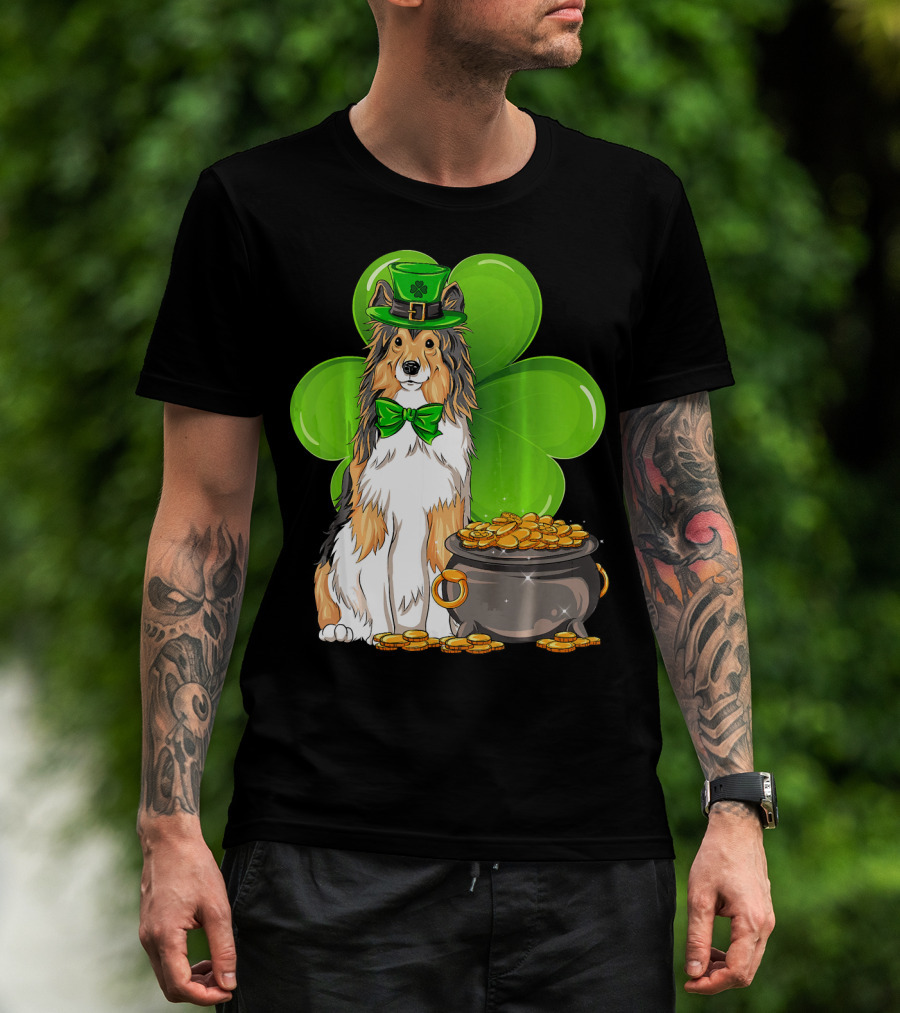 Shetland Sheepdog St Patricks Day Leprechaun Clover And Pot Of Gold T-Shirt