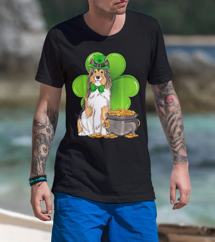 Shetland Sheepdog St Patricks Day Leprechaun Clover And Pot Of Gold T-Shirt