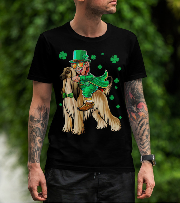 Leprechaun Riding Afghan Hound With Shamrocks St. Patrick's Day T-Shirt