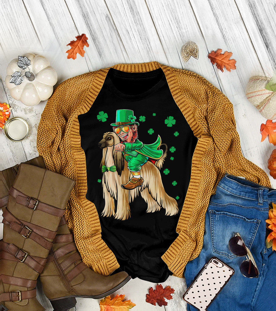 Leprechaun Riding Afghan Hound with Shamrocks St. Patrick's Day T-Shirt