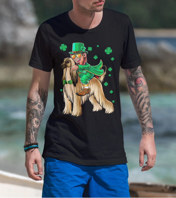 Leprechaun Riding Afghan Hound With Shamrocks St. Patrick's Day T-Shirt