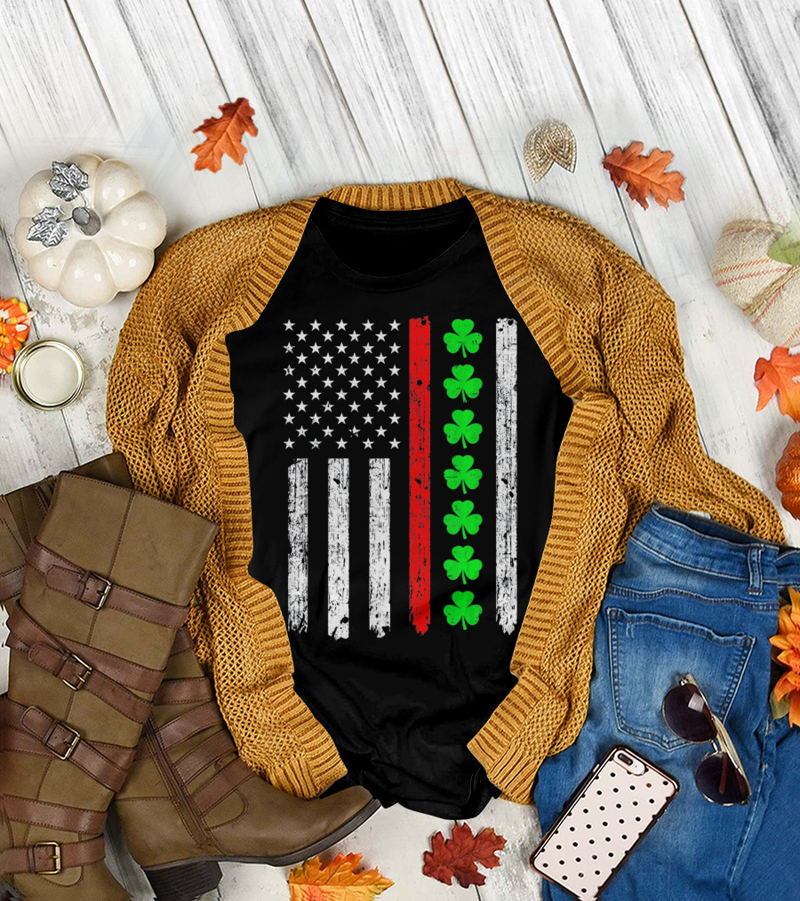 American Flag Thin Red Line Shamrock Irish St Patricks T-Shirt