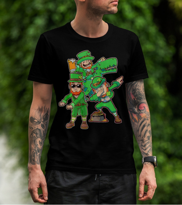 Dabbing Leprechaun Flossing Dinosaur Beer Pot Of Gold T-Shirt