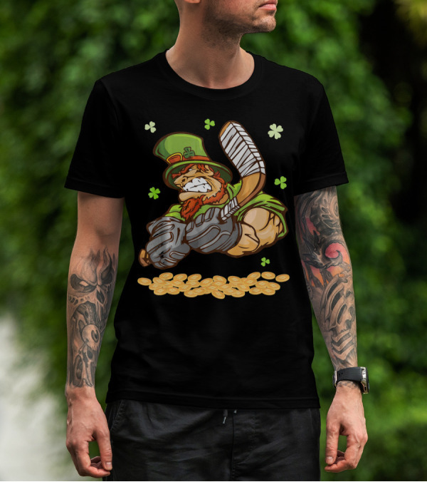 Leprechaun Swinging Hockey Stick Surrounded By Shamrocks And Gold Coins T-Shirt