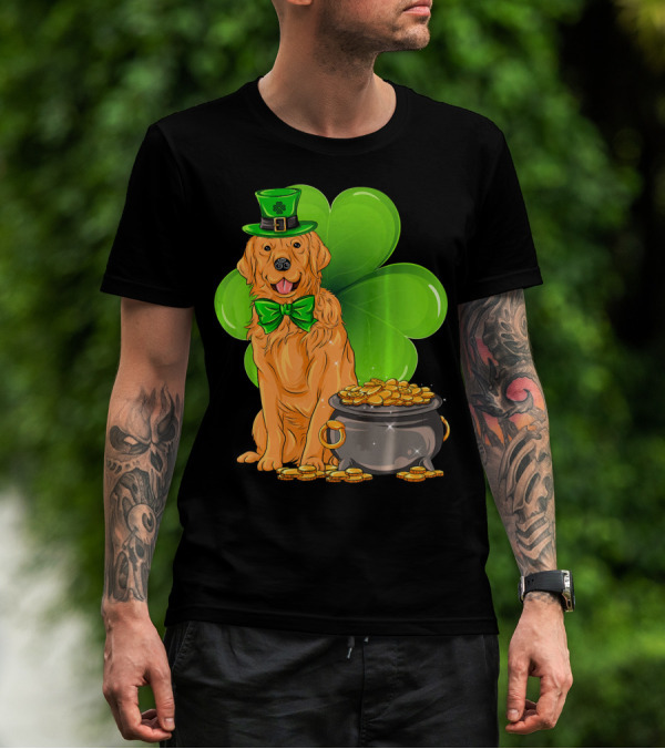 Golden Retriever St Patricks Day Leprechaun With Shamrock And Pot Of Gold T-Shirt
