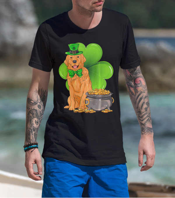 Golden Retriever St Patricks Day Leprechaun With Shamrock And Pot Of Gold T-Shirt