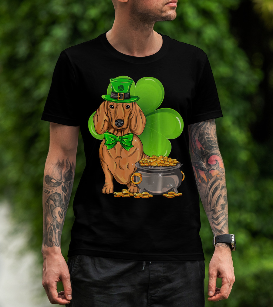 Dachshund St Patricks Day Leprechaun Dog Shamrock Hat Pot Of Gold T-Shirt