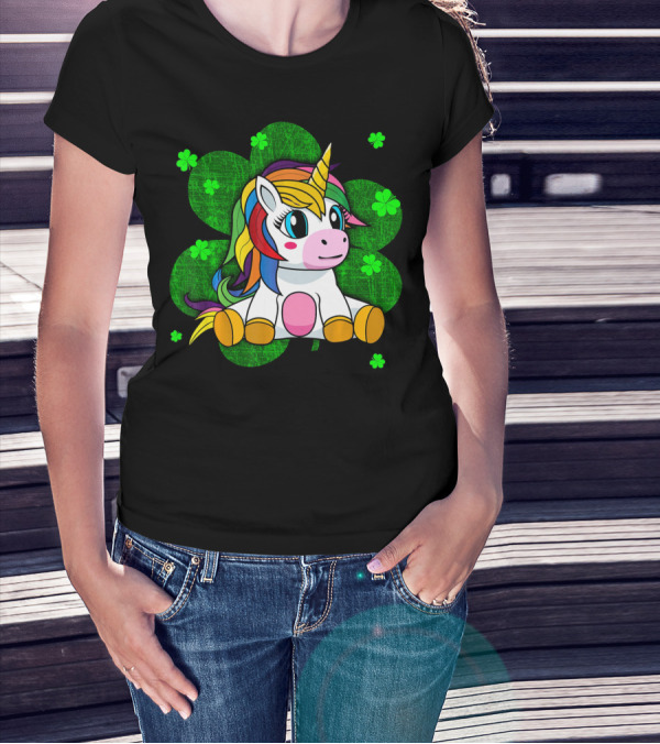 Cute Kids Unicorn Girls St Patrick Clover Rainbow T-Shirt