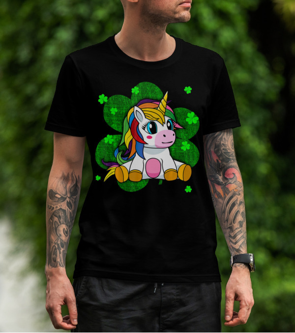 Cute Kids Unicorn Girls St Patrick Clover Rainbow T-Shirt
