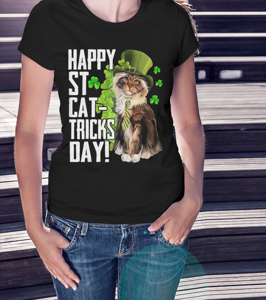 Happy St. Cat-Tricks Day Cat Shamrock Leprechaun Womens Hat T-Shirt
