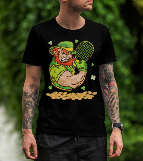 Leprechaun Playing Tennis With Shamrocks And Gold Coins T-Shirt