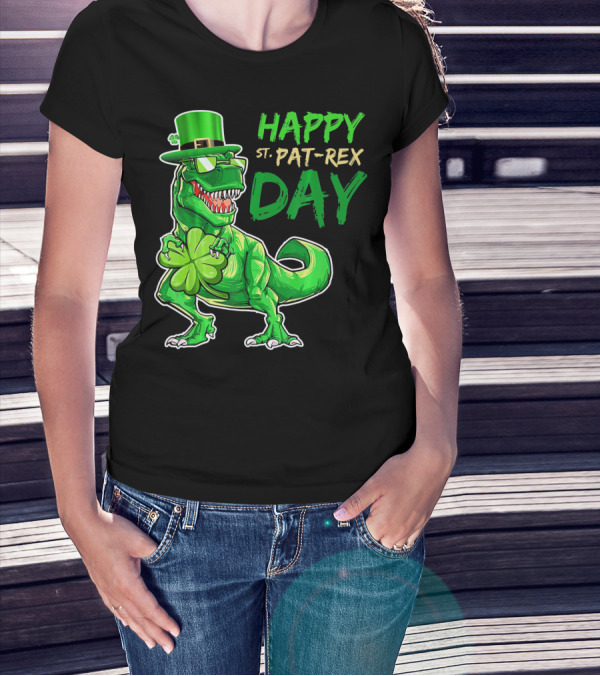 Happy St Pat Rex Day Saint Patricks Day Dinosaur With Shamrock And Green Hat T-Shirt