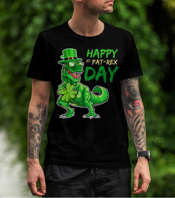 Happy St Pat Rex Day Saint Patricks Day Dinosaur With Shamrock And Green Hat T-Shirt
