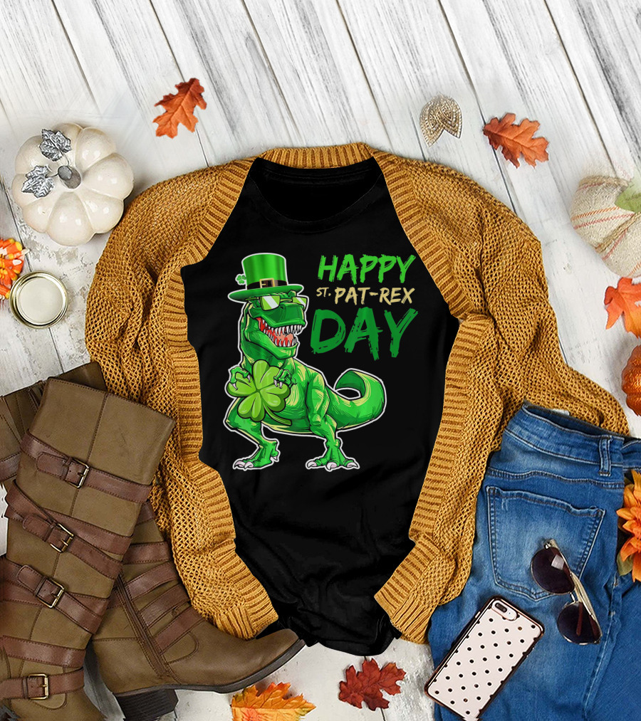Happy St Pat Rex Day Saint Patricks Day Dinosaur with Shamrock and Green Hat T-Shirt