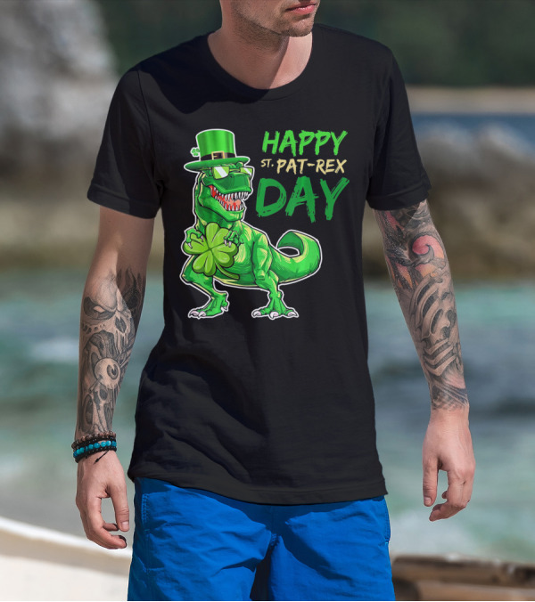 Happy St Pat Rex Day Saint Patricks Day Dinosaur With Shamrock And Green Hat T-Shirt
