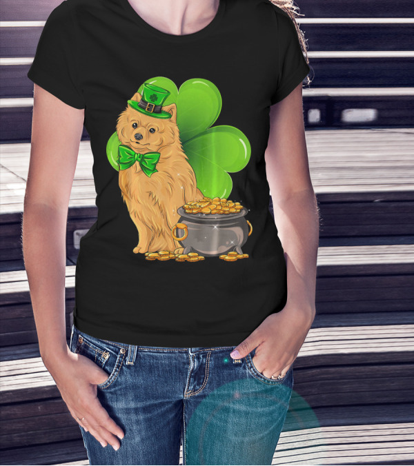 Pomeranian St Patricks Day Leprechaun Dog With Pot Of Gold And Clover T-Shirt