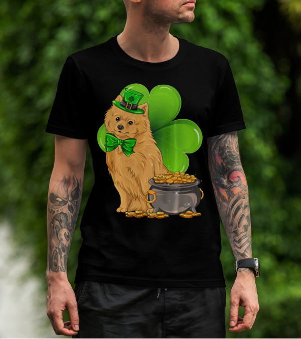 Pomeranian St Patricks Day Leprechaun Dog With Pot Of Gold And Clover T-Shirt