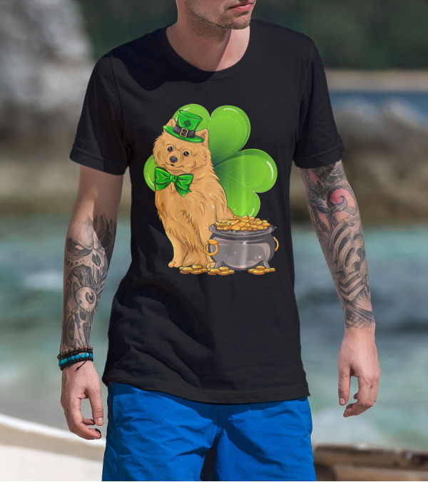 Pomeranian St Patricks Day Leprechaun Dog With Pot Of Gold And Clover T-Shirt
