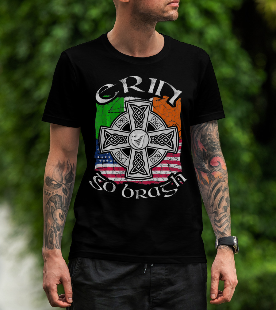 Erin Go Bragh Celtic Cross Irish US Flag St. Patrick's Day T-Shirt