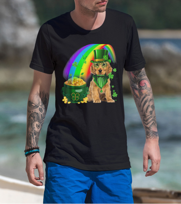 Cocker Spaniel Dog Wearing Irish Leprechaun Hat With Gold Coins And Rainbow T-Shirt