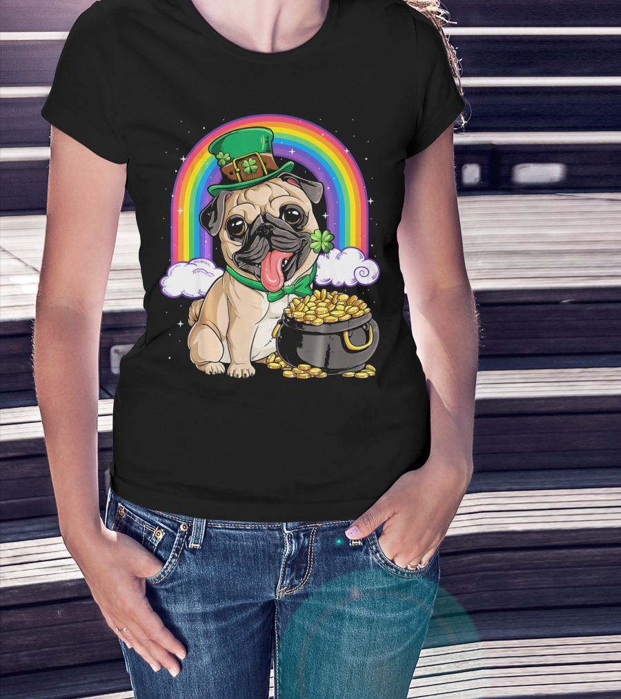 Pug St Patricks Day Boys Men Lep Leprechaun Hat Rainbow Pot Of Gold T-Shirt