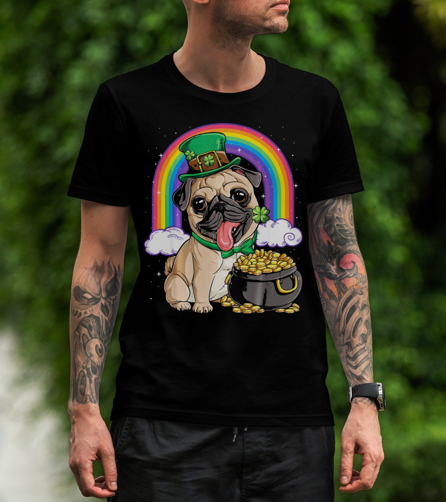 Pug St Patricks Day Boys Men Lep Leprechaun Hat Rainbow Pot Of Gold T-Shirt