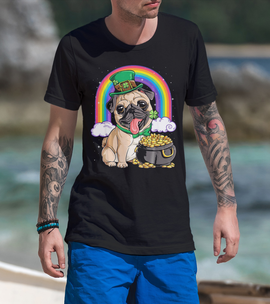 Pug St Patricks Day Boys Men Lep Leprechaun Hat Rainbow Pot Of Gold T-Shirt