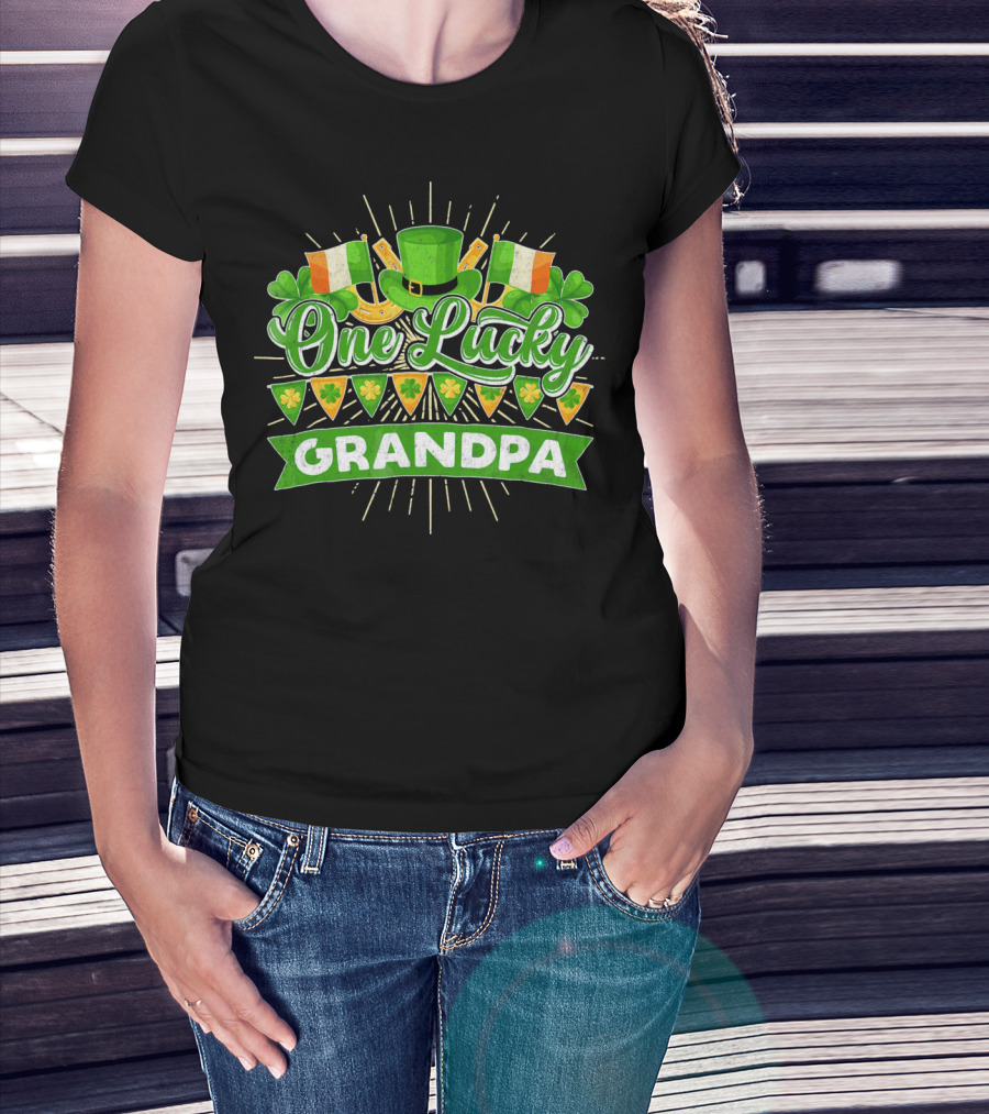 St Patricks Day One Lucky Grandpa Irish Flags Shamrocks And Leprechaun Hat T-Shirt