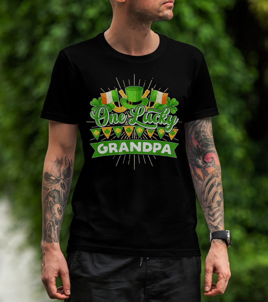 St Patricks Day One Lucky Grandpa Irish Flags Shamrocks And Leprechaun Hat T-Shirt