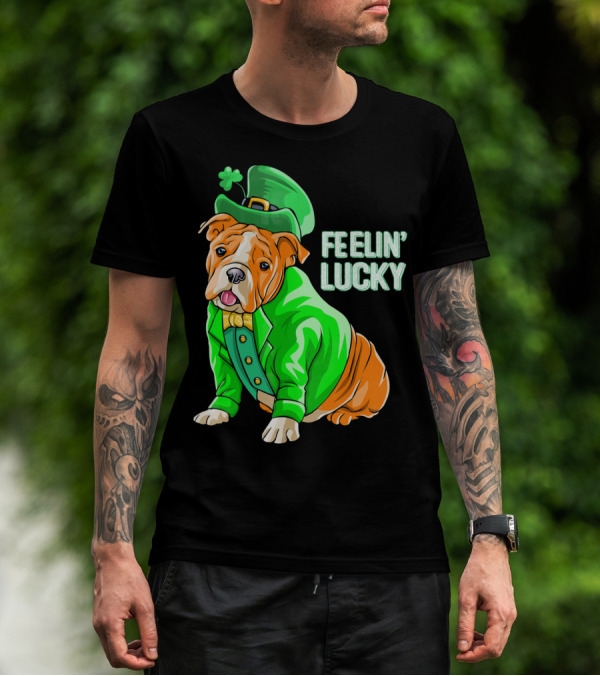 Feelin' Lucky Bulldog In Green Leprechaun T-Shirt