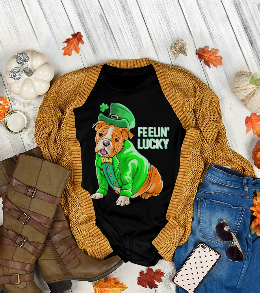 Feelin' Lucky Bulldog in Green Leprechaun T-Shirt
