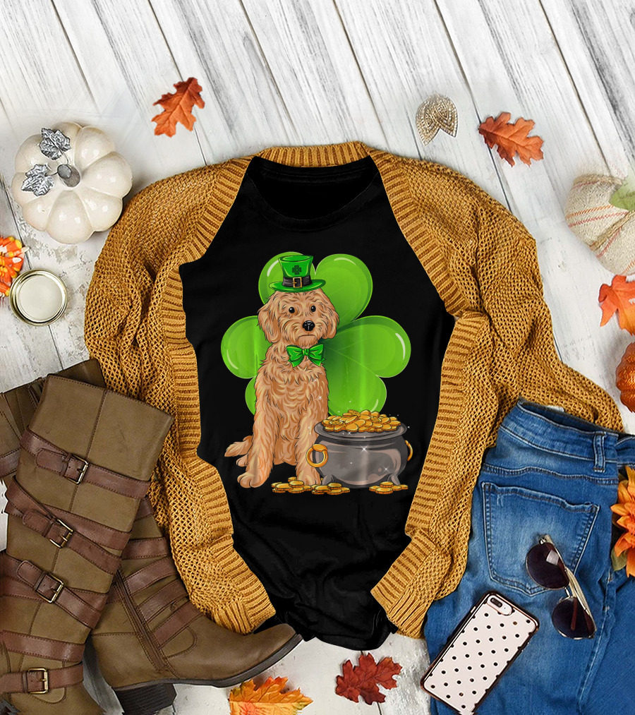 Cockapoo St Patricks Day Leprechaun Dog with Shamrock and Pot of Gold T-Shirt