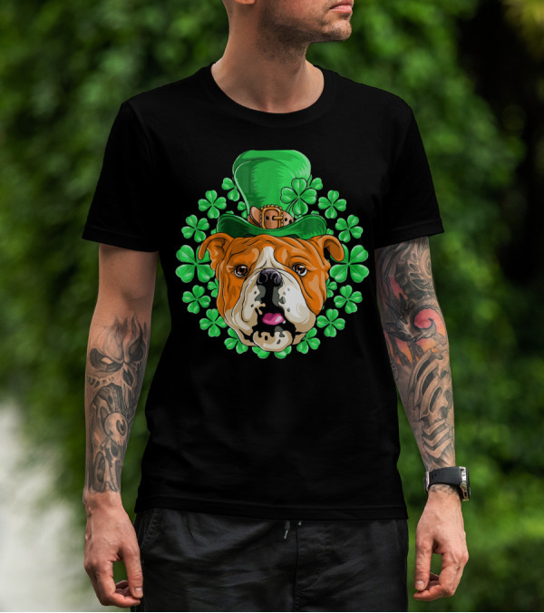 English Bulldog In Leprechaun Hat With Clover Background T-Shirt
