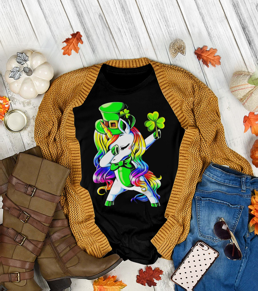 Dabbing Unicorn with Rainbow Mane and Shamrock Hat T-Shirt
