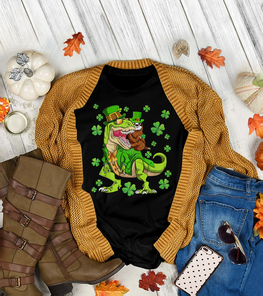 Leprechaun Sloth with Shamrocks Riding Dinosaur Rex in Green Attire T-Shirt