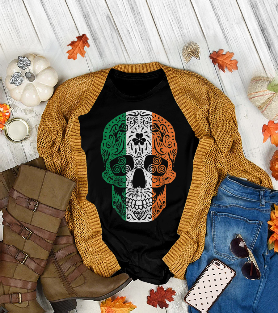 Irish Flag Sugar Skull Shamrock St Patricks T-Shirt