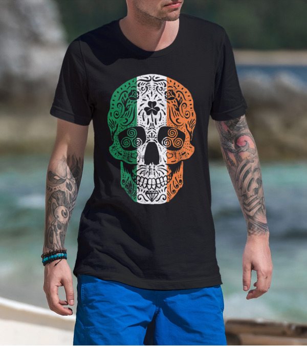 Irish Flag Sugar Skull Shamrock St Patricks T-Shirt