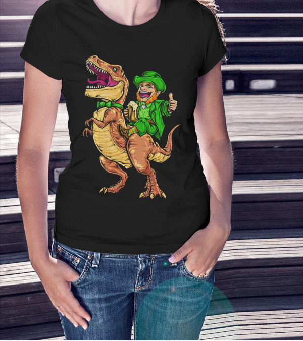St. Patricks Day Lucky Leprechaun Riding Dinosaur With Beer T-Shirt