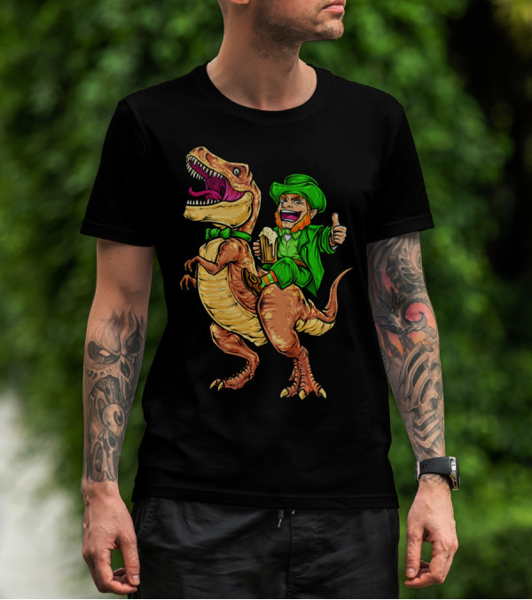 St. Patricks Day Lucky Leprechaun Riding Dinosaur With Beer T-Shirt