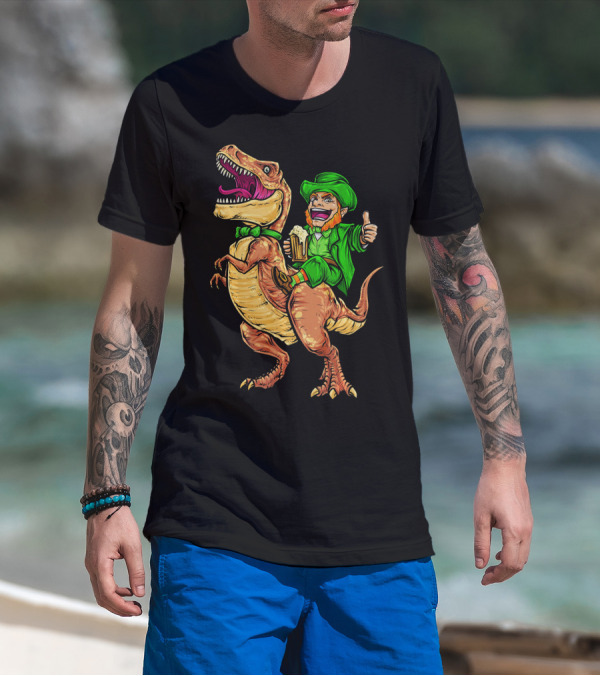 St. Patricks Day Lucky Leprechaun Riding Dinosaur With Beer T-Shirt